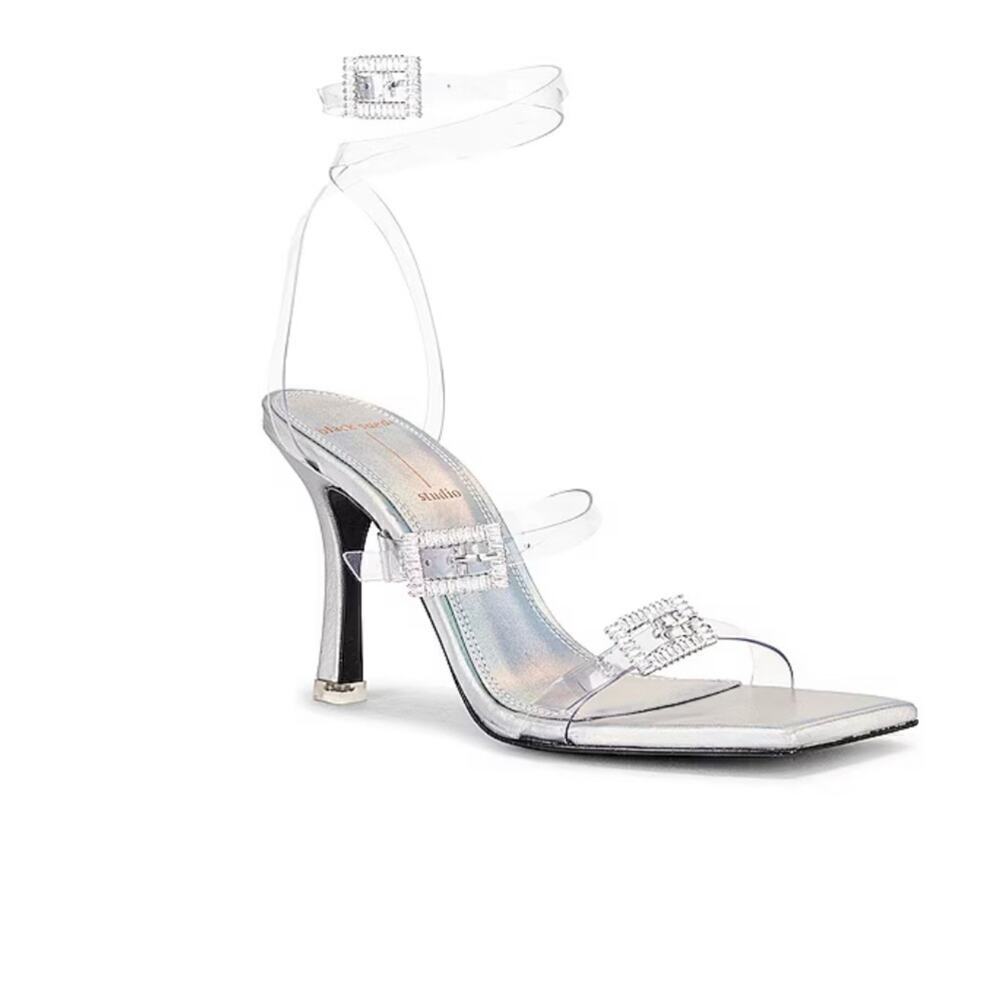 Black Suede Studio Women’s Liva Heel Strappy Sandal in Metallic Clear Size 7.5